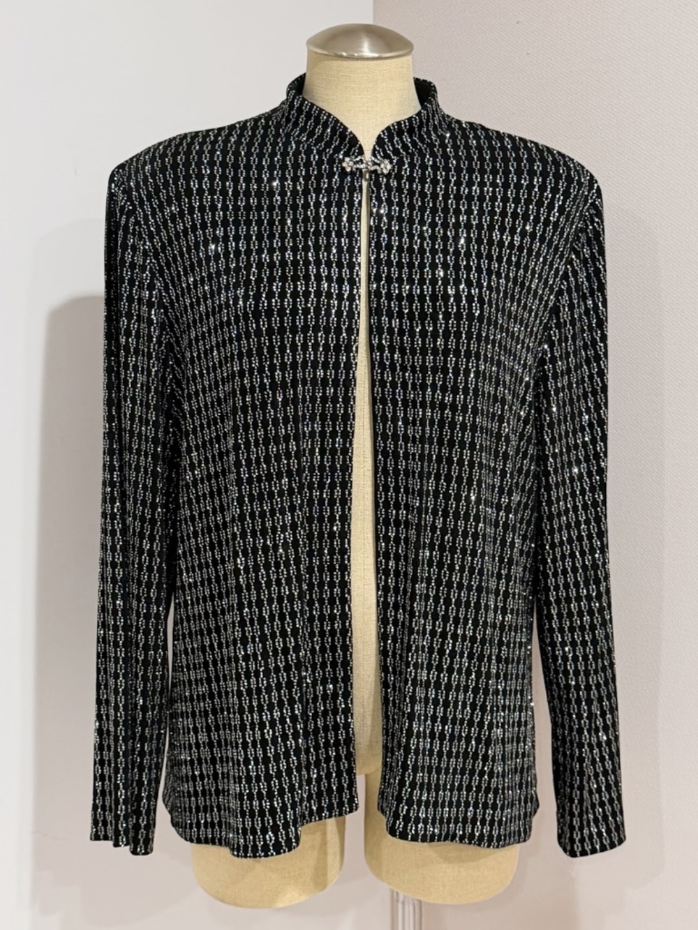 Alex Evenings Black Silver Geometric Embellished Brooch Collar Jacket Size 18
